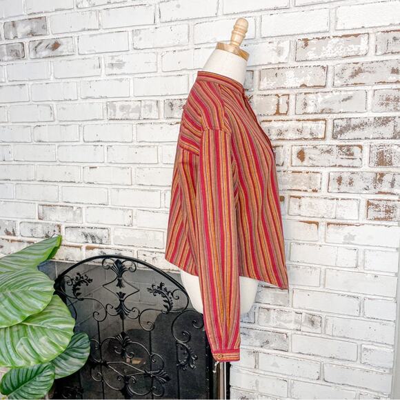 Vintage 90s Liz Wear Petite Red Metallic Gold Multi Stripe Linen Long Sleeve Top - Picture 7 of 11